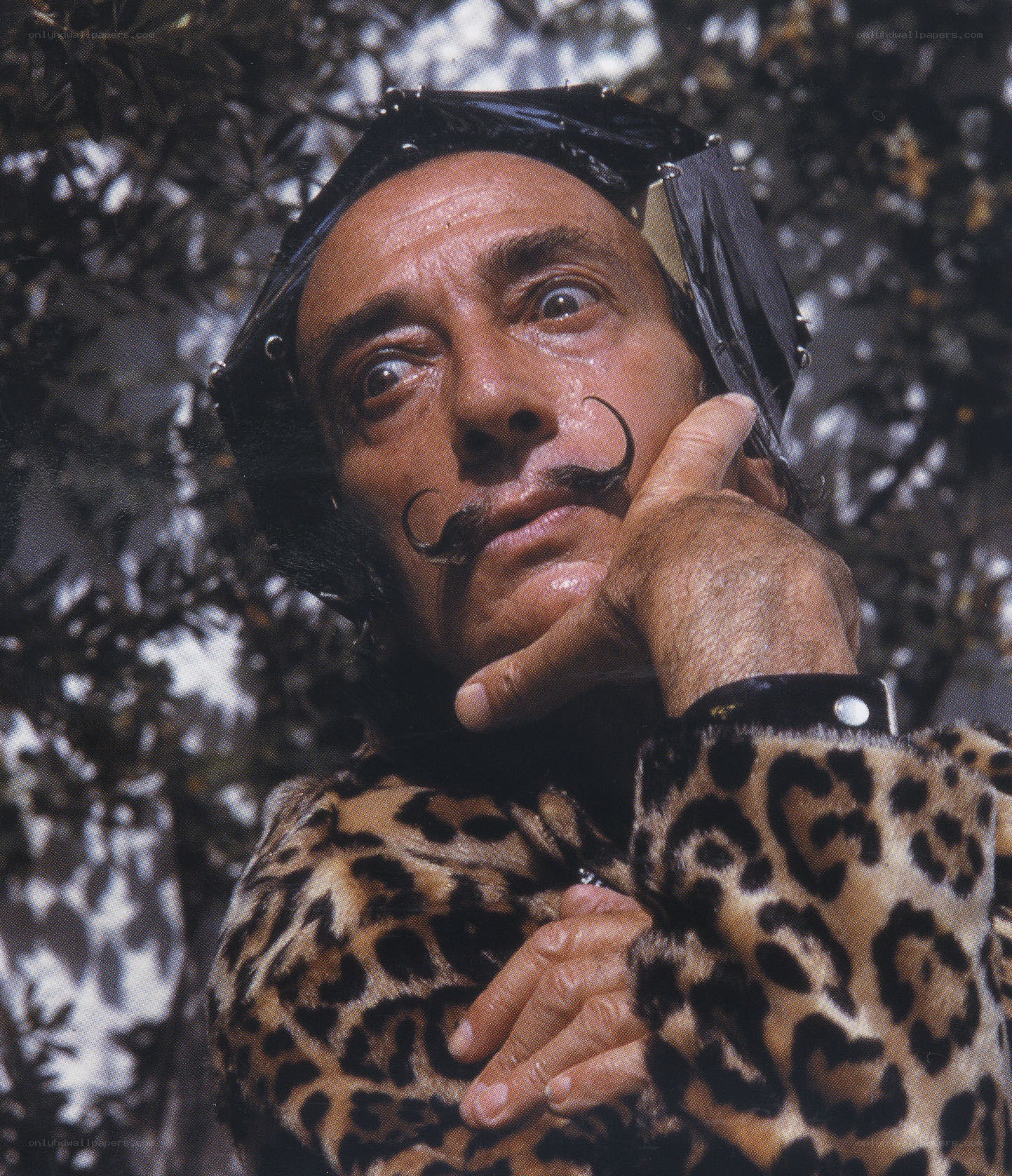 Man in leopard coat with mustache