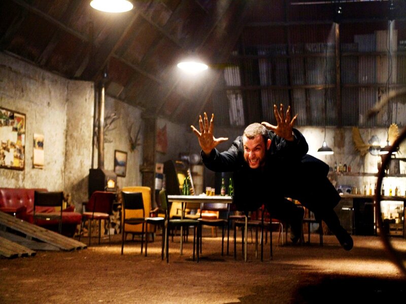 Man in mid-air action scene