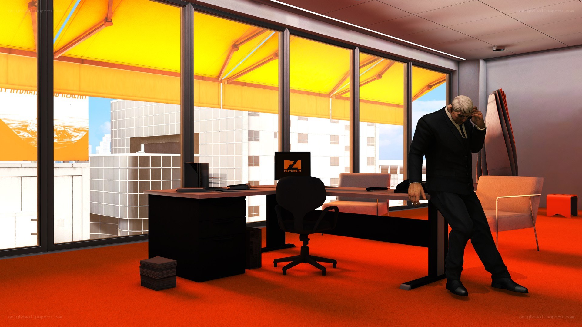 man in office with yellow awning