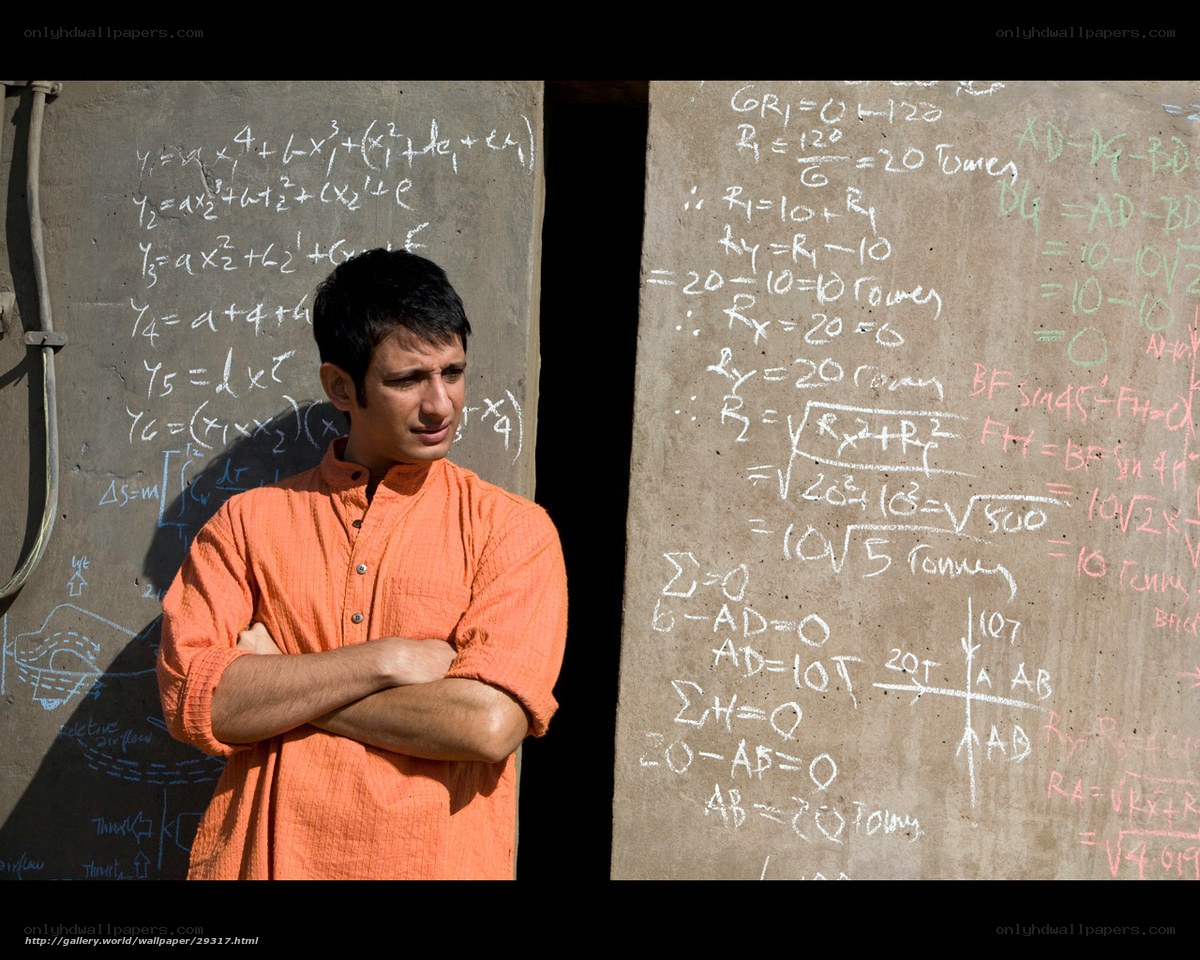 Man in orange shirt with equations