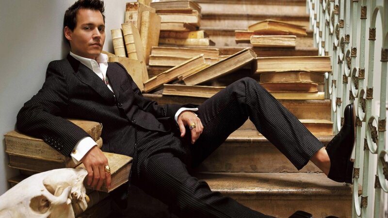 Man in Pinstripe Suit — Black, Dramatic, Photograph, Books, Skull, Stairs