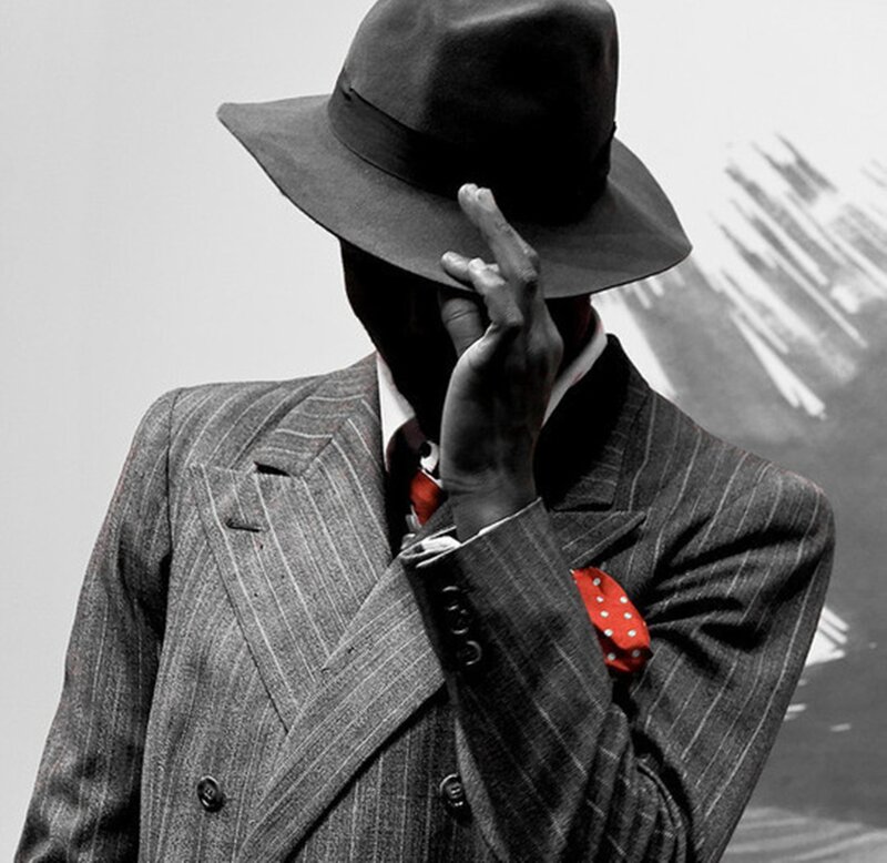 Man in Pinstripe Suit — Black, Dramatic, Photograph, Fedora Hat