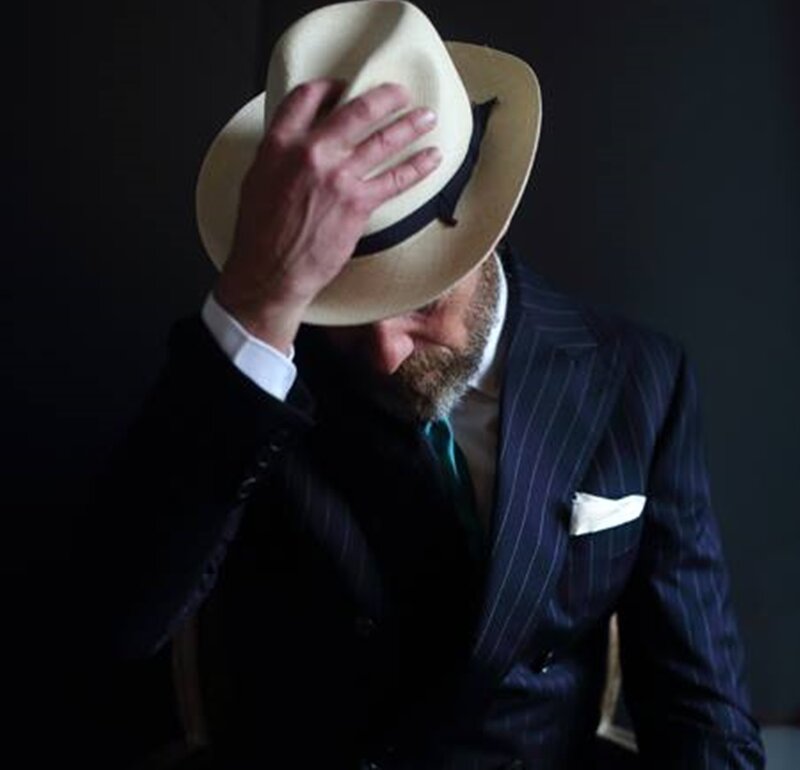 Man in Pinstripe Suit — Black, Dramatic, Photograph, Hat, Beard