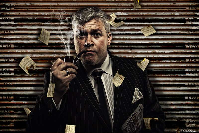 Man in Pinstripe Suit — Black, Dramatic, Photograph, Pipe