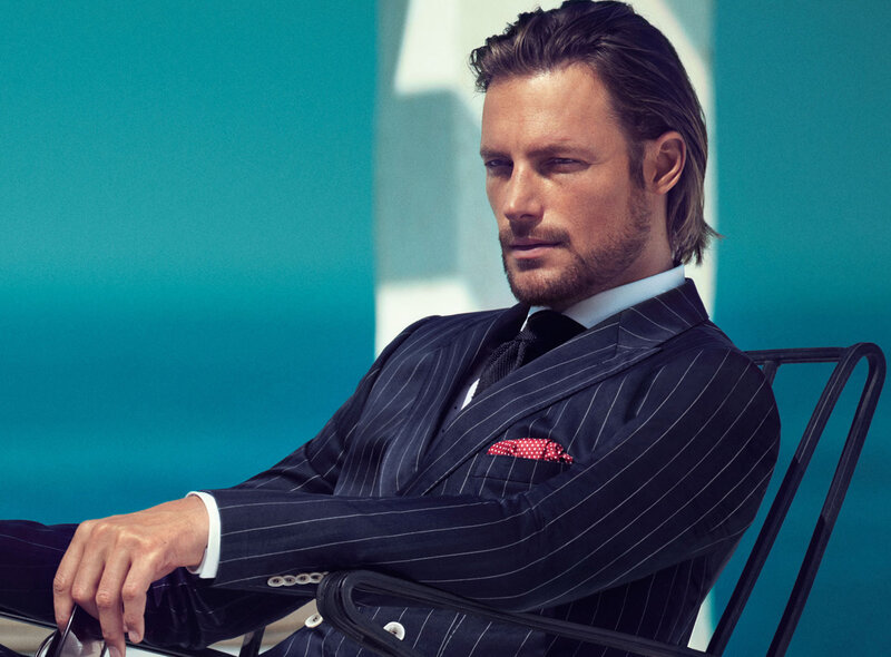 Man in Pinstripe Suit — Blue, Confident