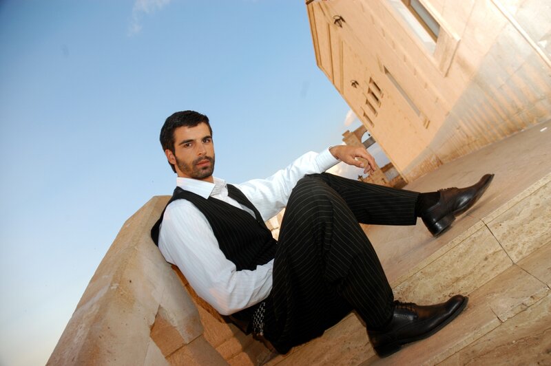Man in Pinstripe Suit — Blue, Dramatic, Afternoon
