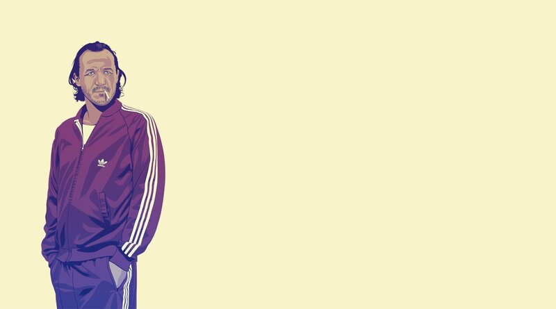 Man in Purple Tracksuit — Neutral, Illustration, Cigarette, Yellow