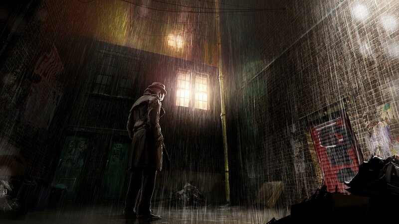 man in rain alley