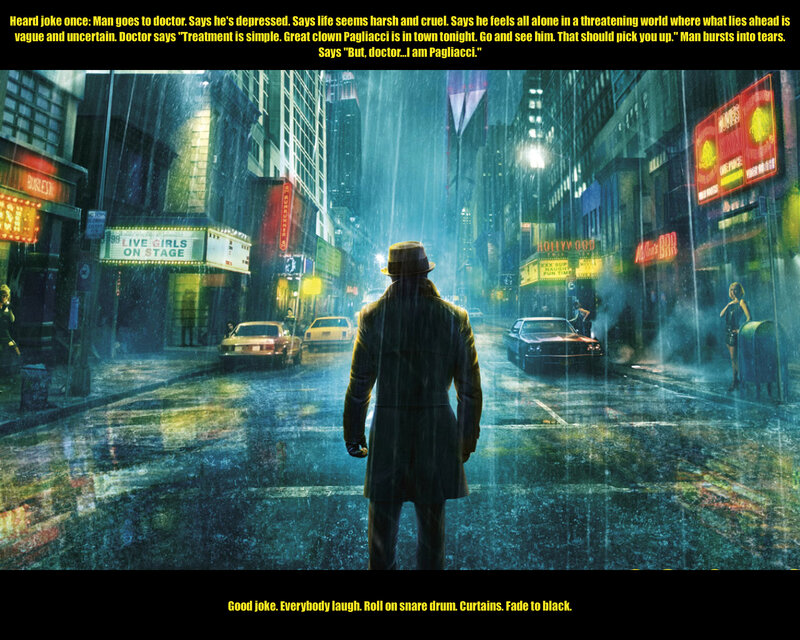 Man in rain on city street