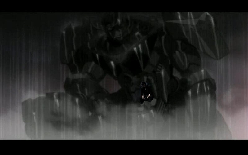 man in rain with giant robot