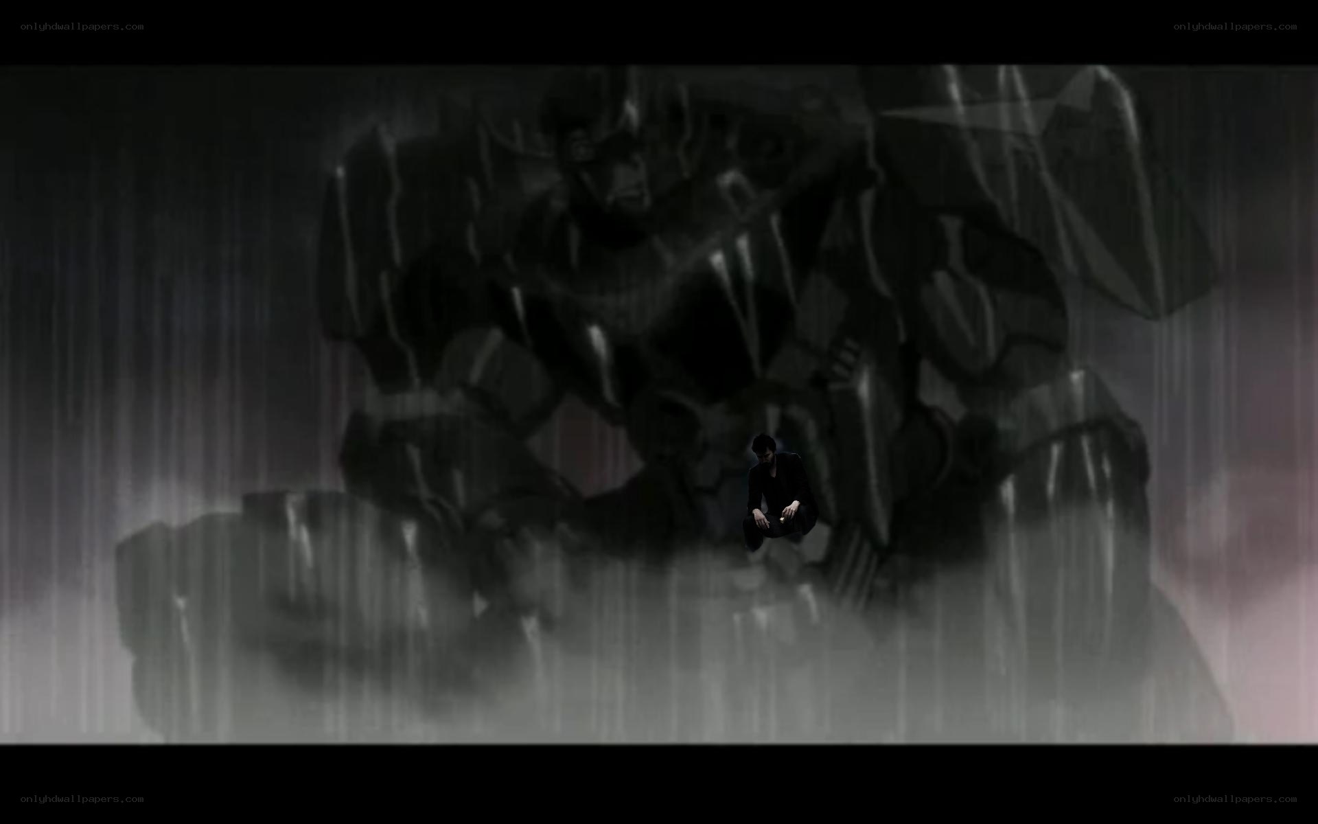 man in rain with giant robot