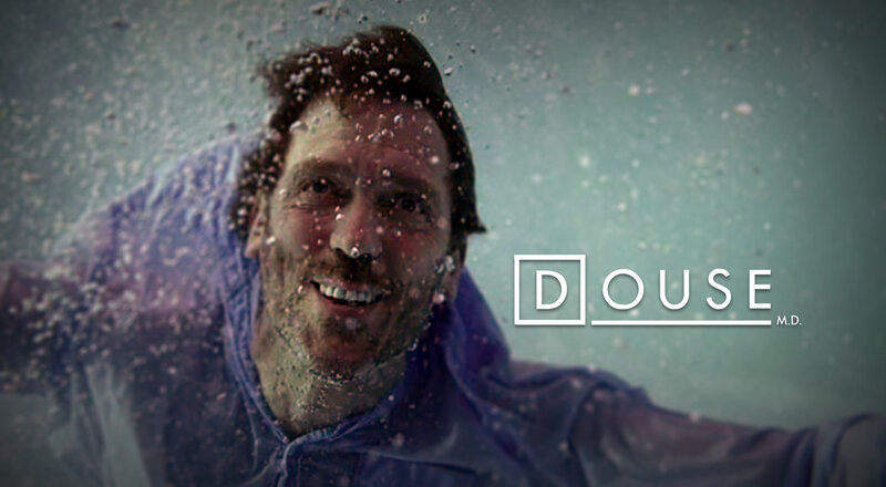 man in rain with logo