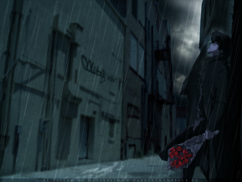 man in rain with roses