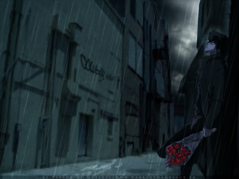 man in rain with roses