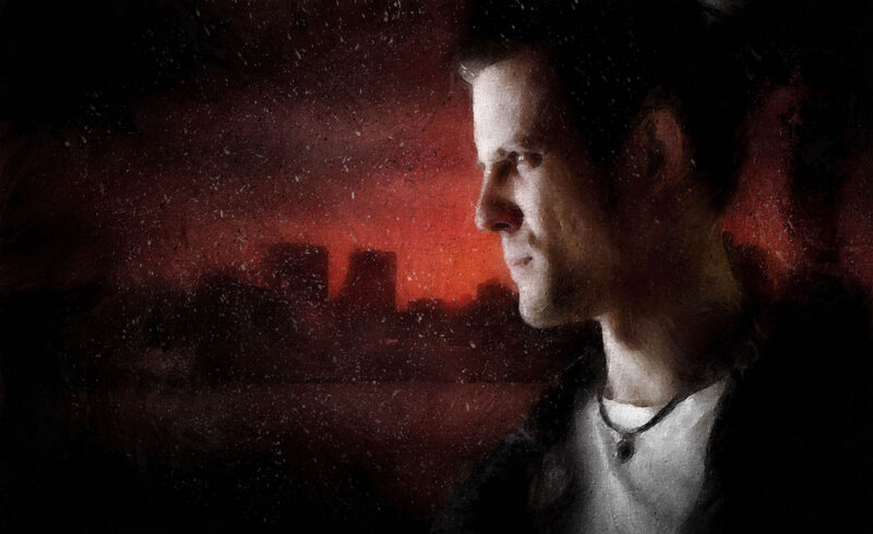 man in red cityscape