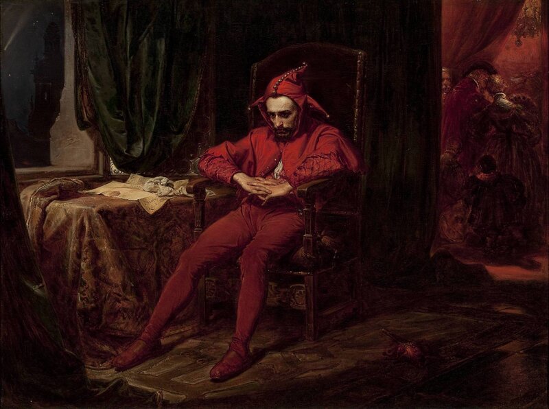 Man in Red Jester Outfit — Dramatic, Night