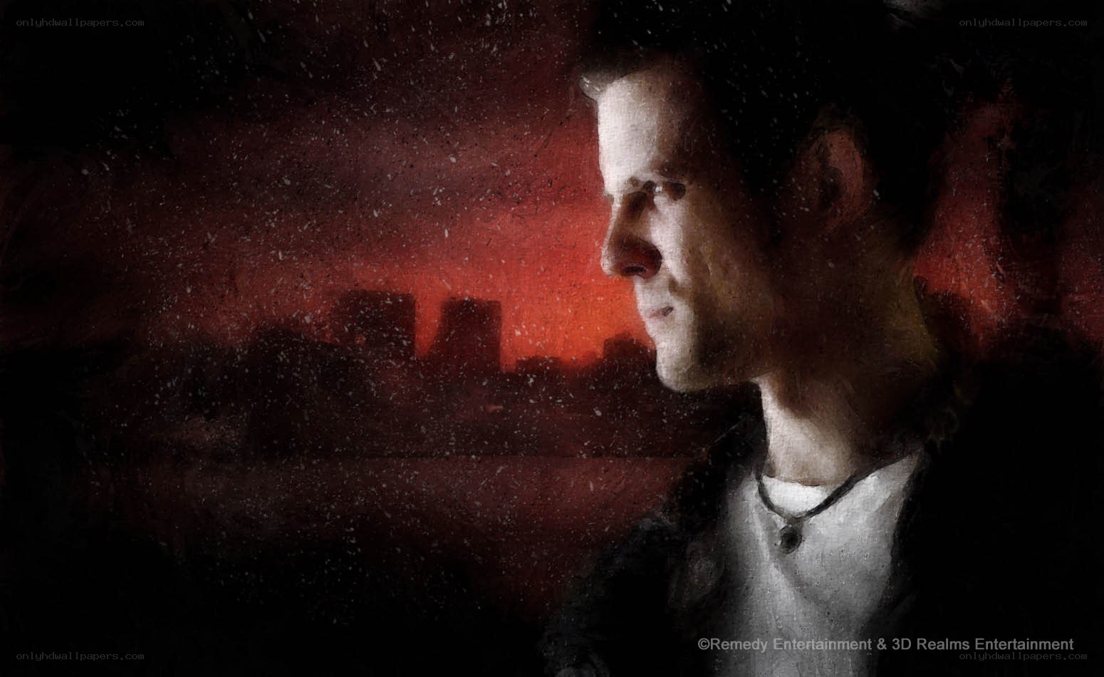man in red-lit cityscape