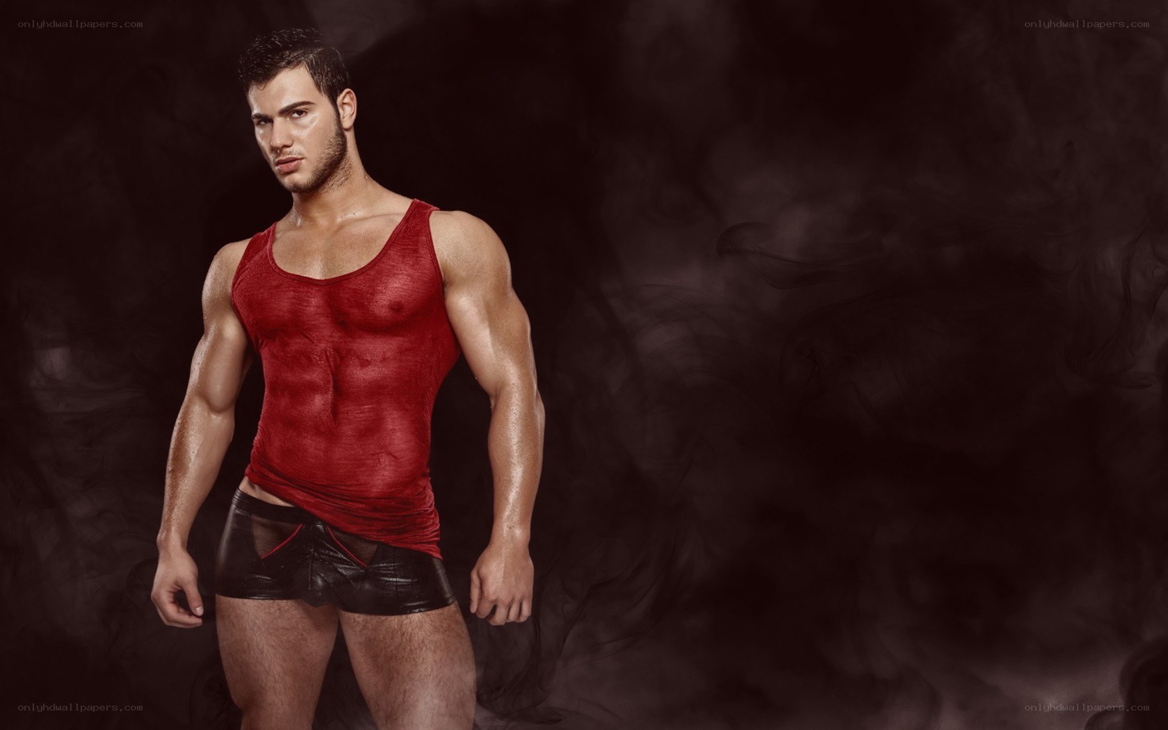 man in red tank top