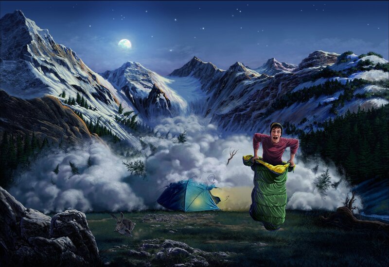 Man in Sleeping Bag — Green, Dramatic, Night