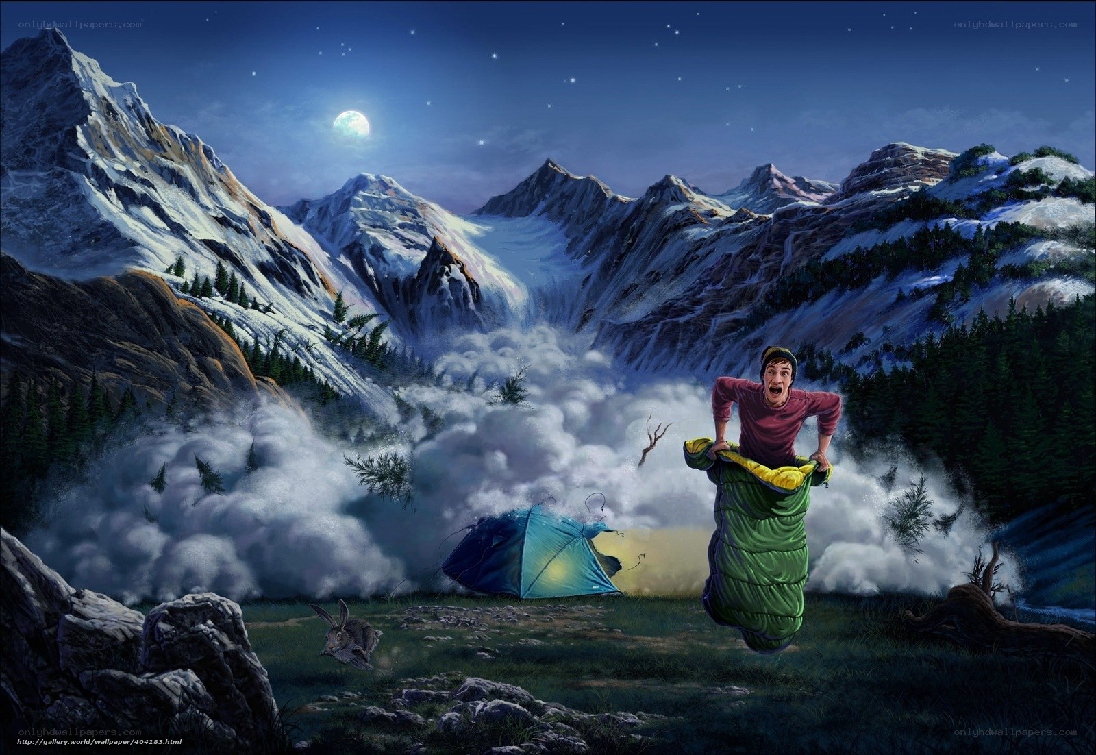 Man in sleeping bag startled by avalanche