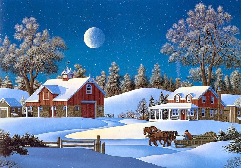 Man in Sleigh with Horses — Blue