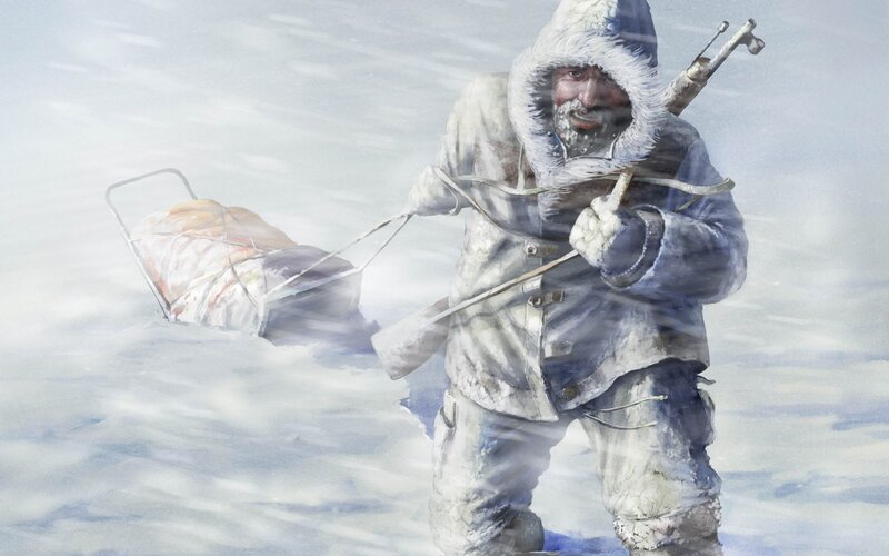 Man in snowstorm pulling sled