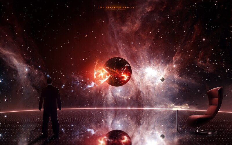 Man in space with cosmic choice