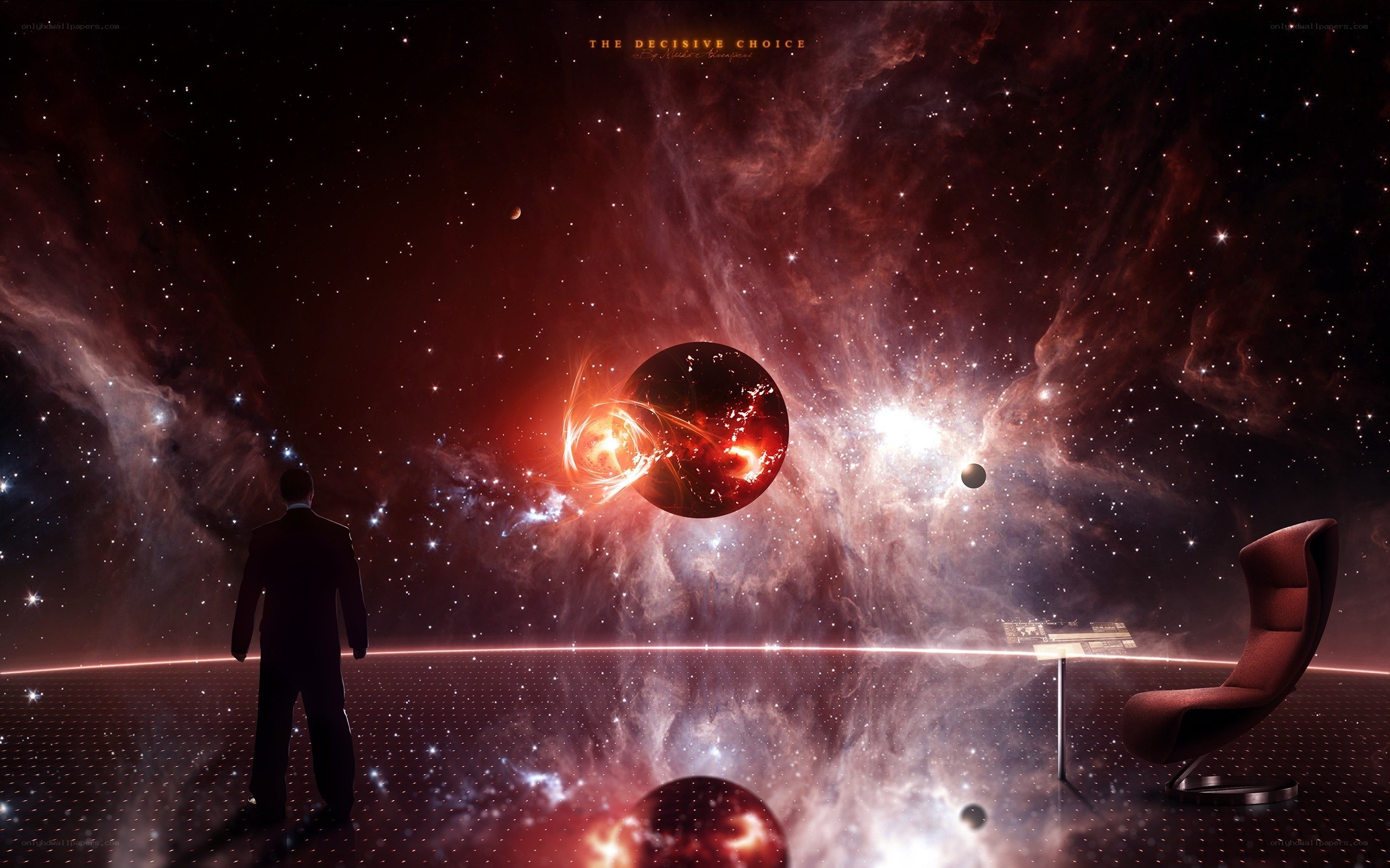 Man in space with cosmic choice