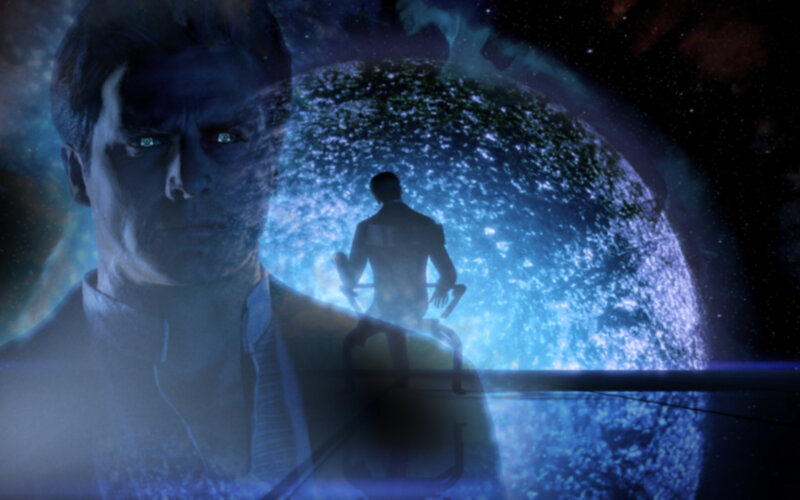 man in space with glowing planet
