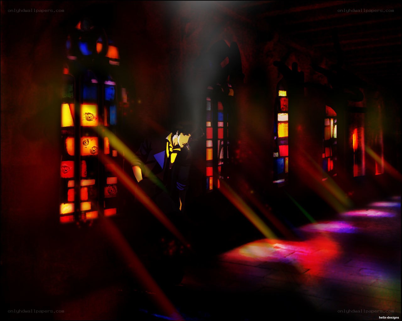man in stained glass corridor