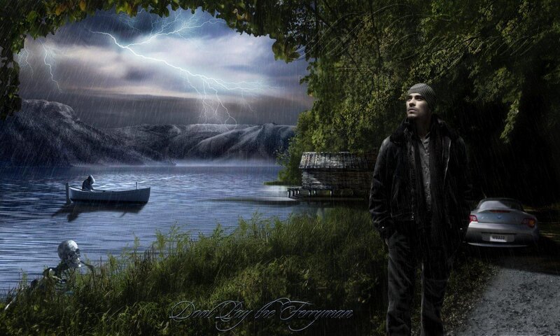 Man in storm by lake