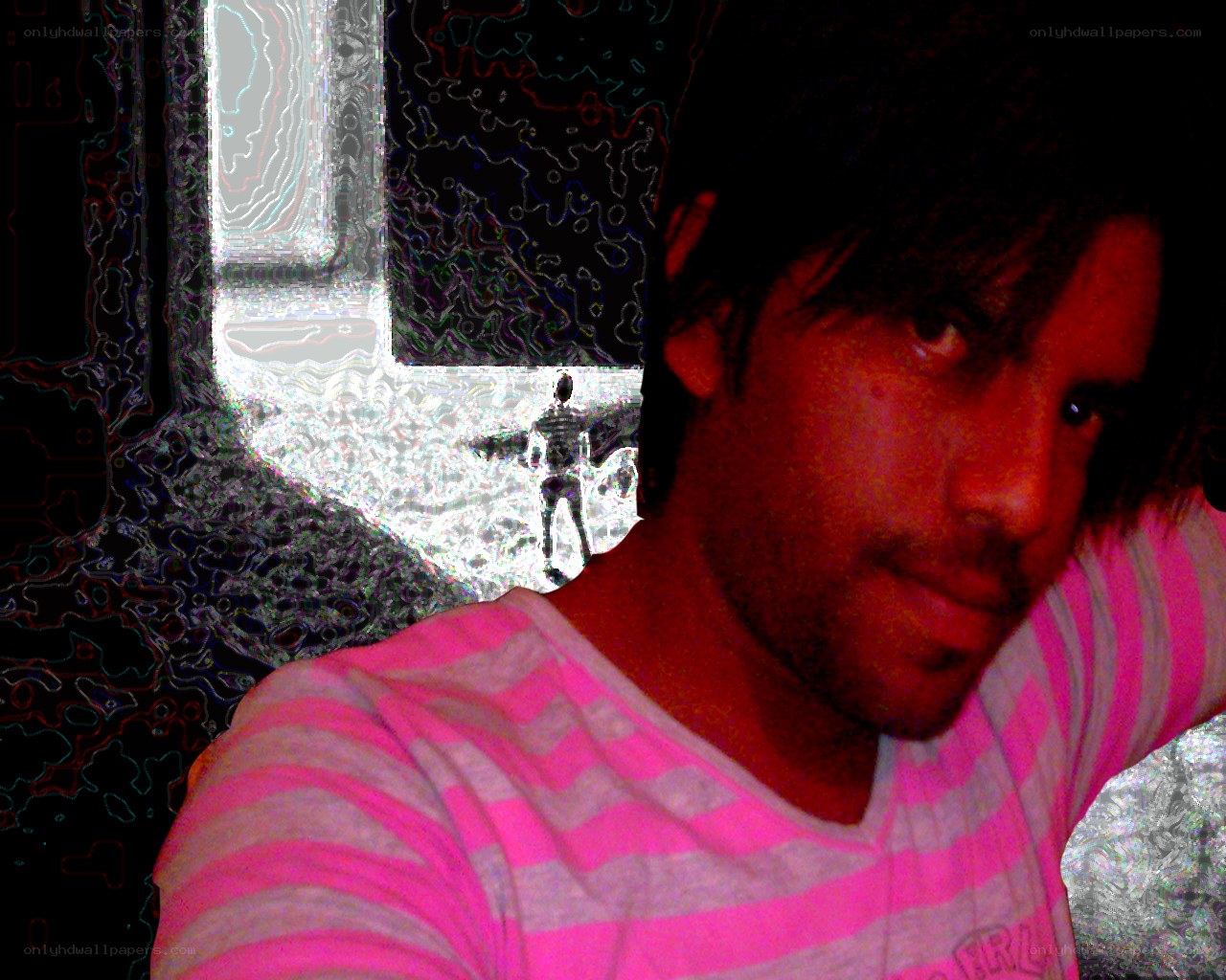 man in striped shirt with distorted background