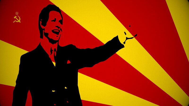 Man in Suit Gesturing — Red