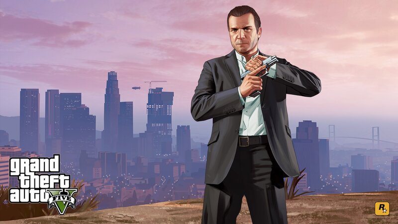 Man in Suit Holding Gun — Purple, Dramatic