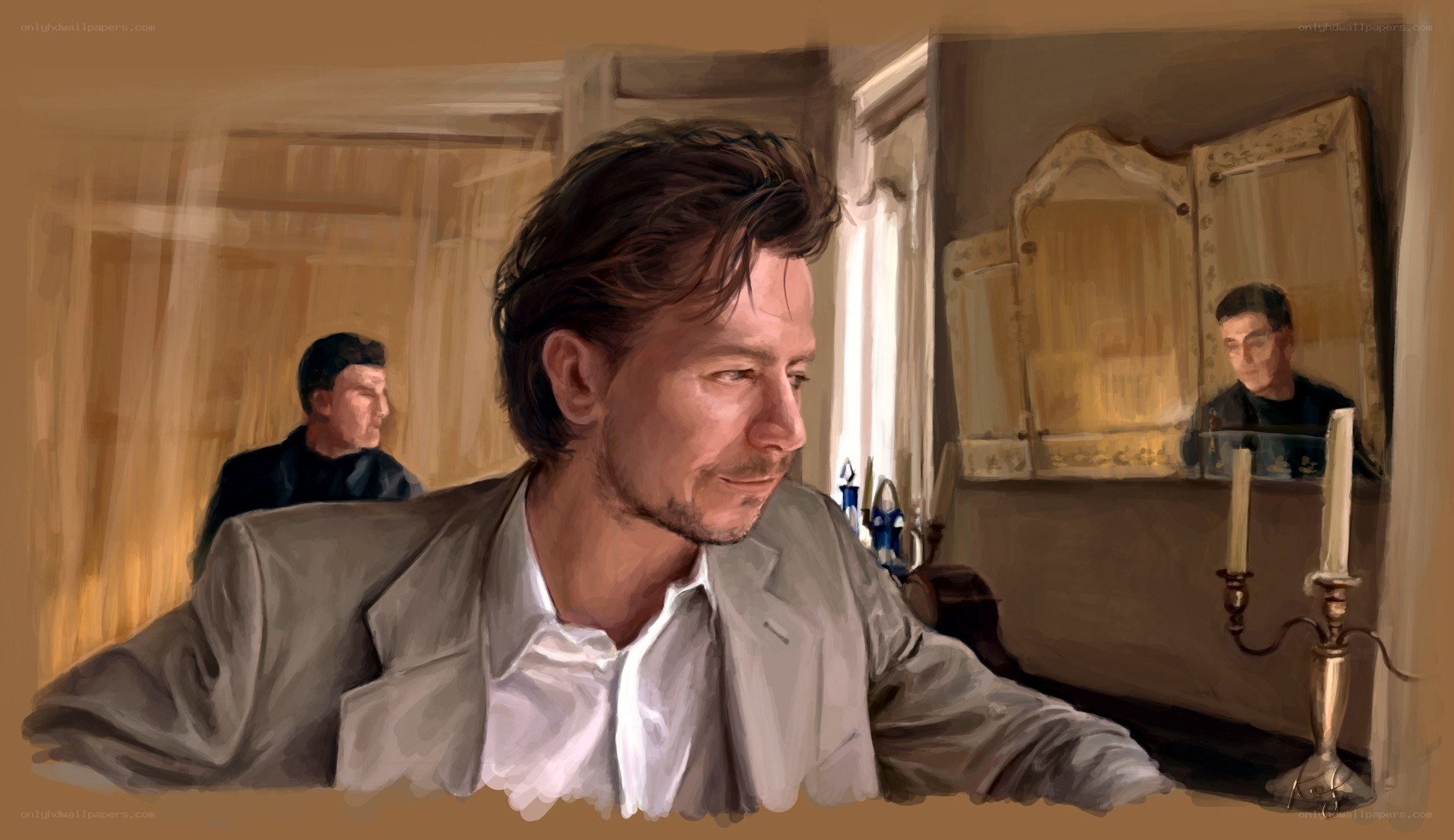man in suit looking at mirror