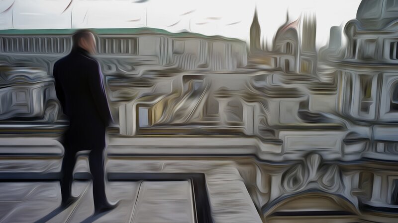 Man in Suit on Balcony — Gray