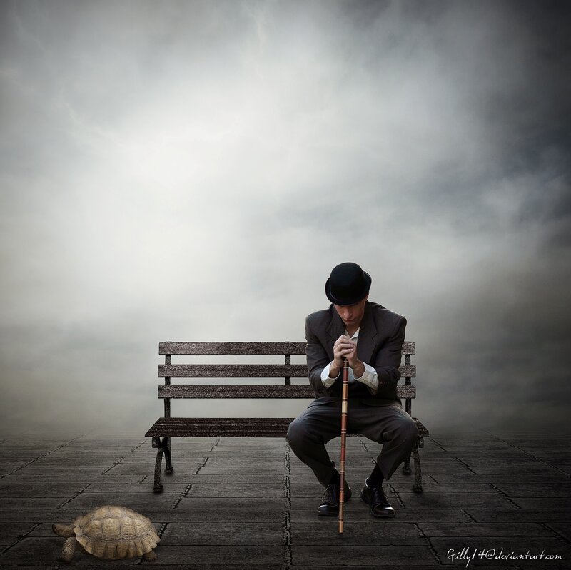 Man in Suit on Bench — Gray