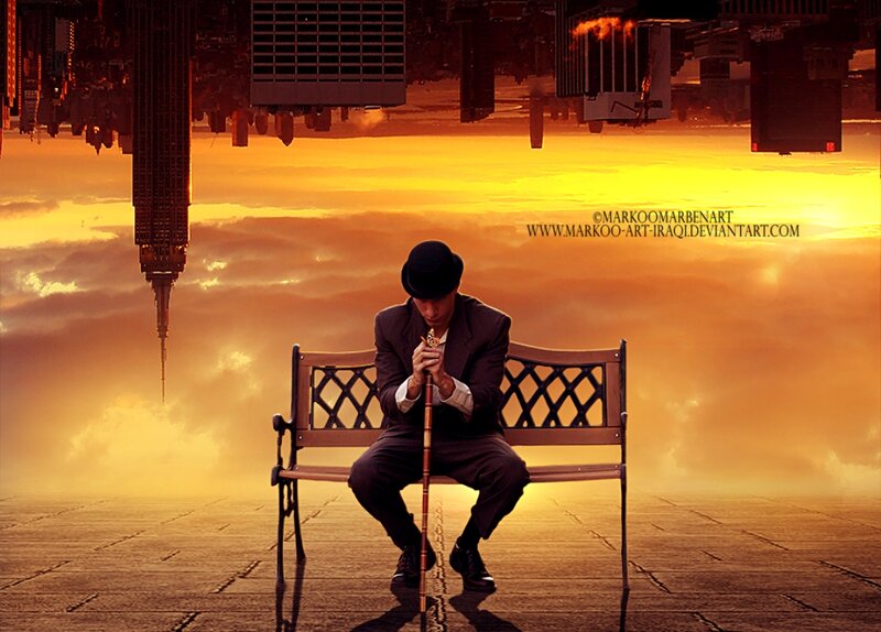 Man in Suit on Bench — Orange