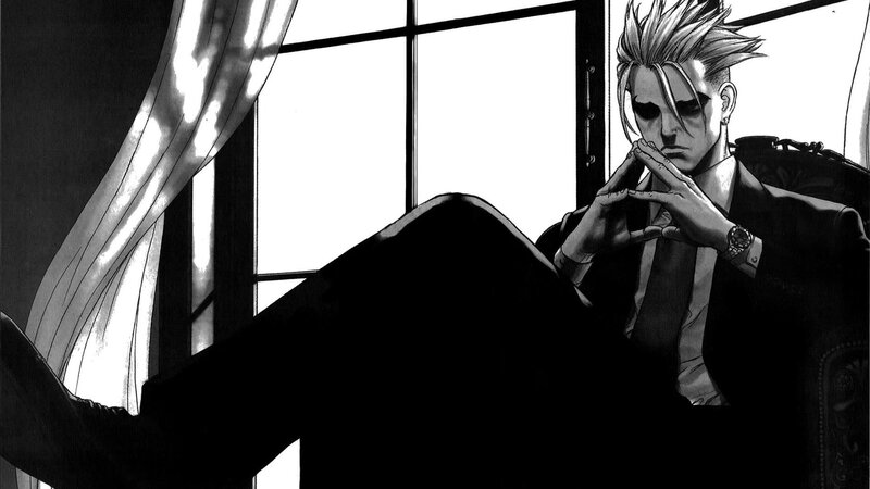 Man in Suit Sitting — Black, Dramatic, Manga
