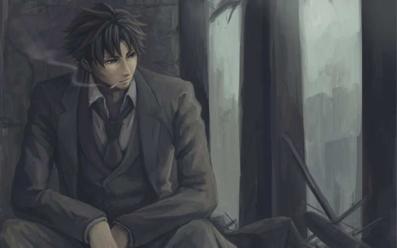 Man in Suit Smoking — Gray, Somber