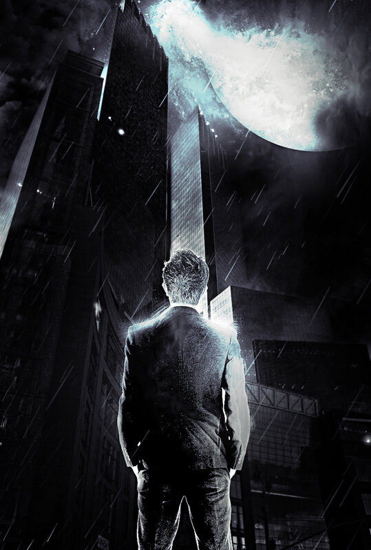 Man in suit under glowing moon