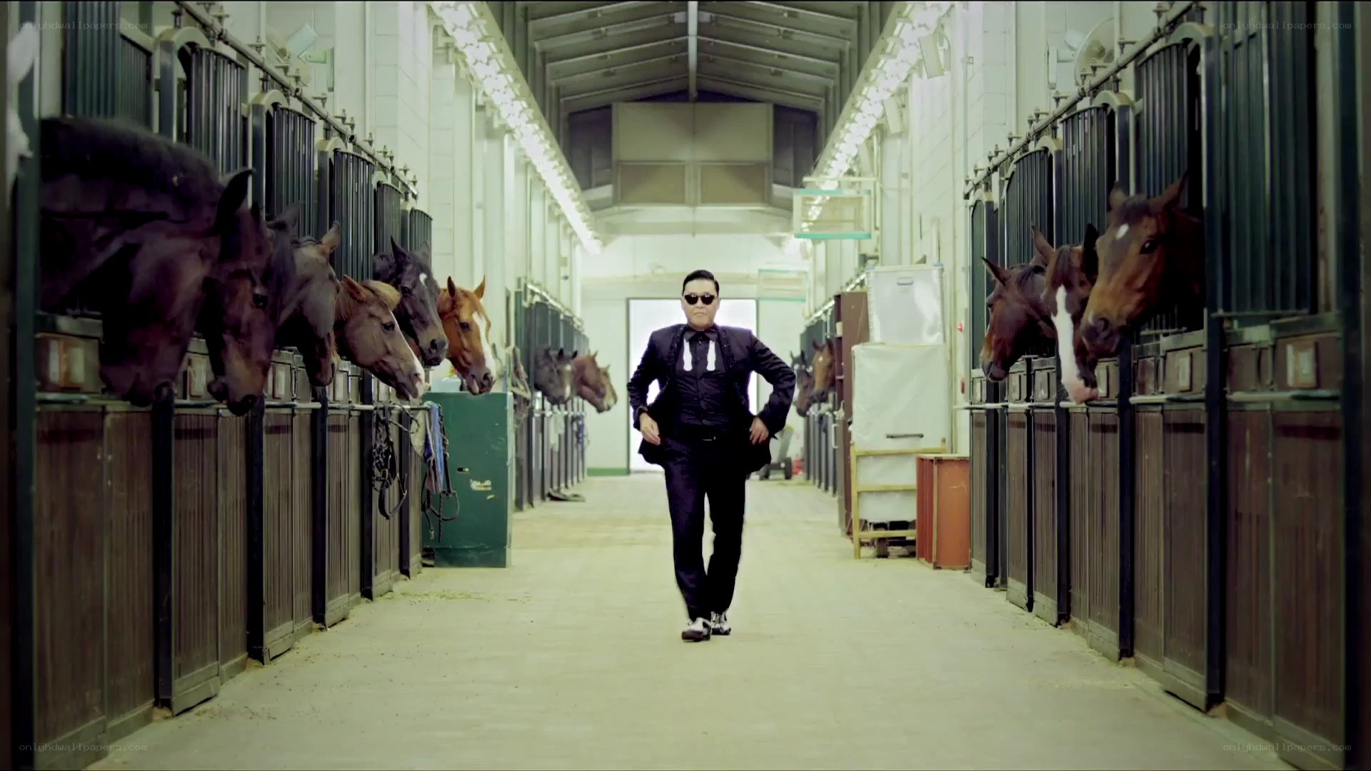 man in suit walking down stable aisle