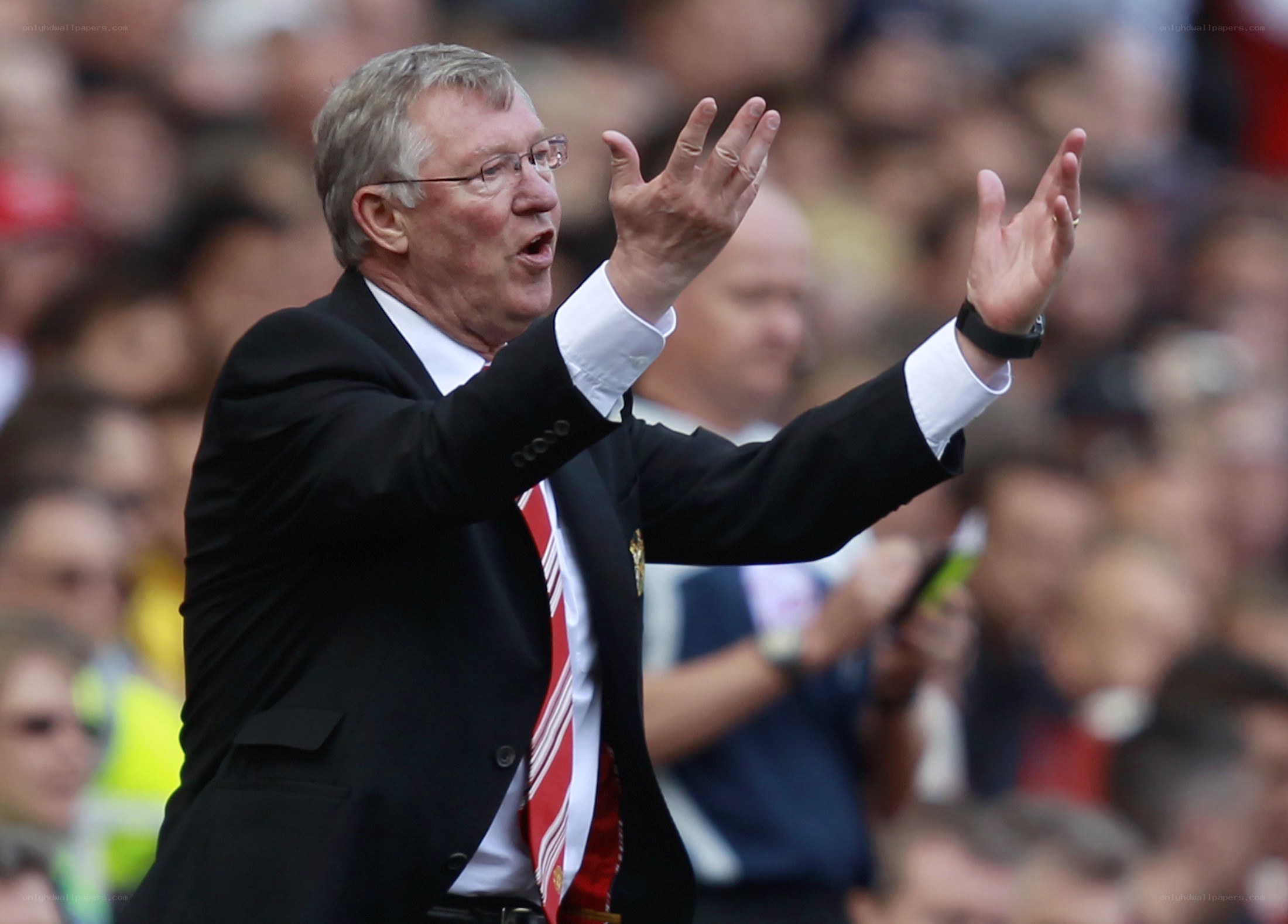 Man in suit with hands raised
