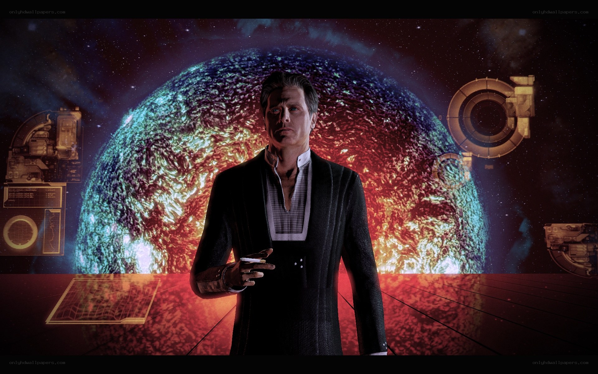 man in suit with planet background