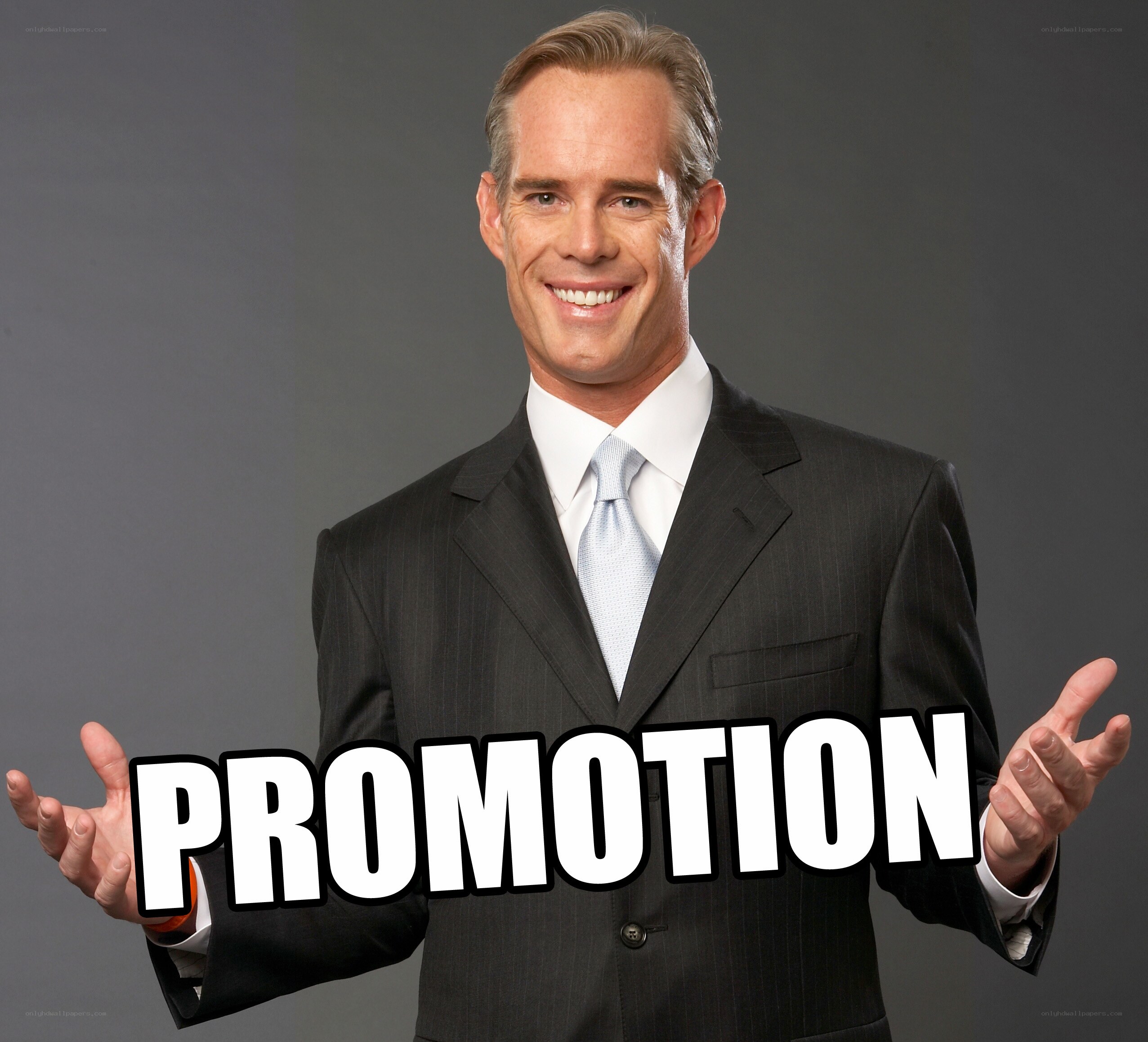 Man in suit with promotion text