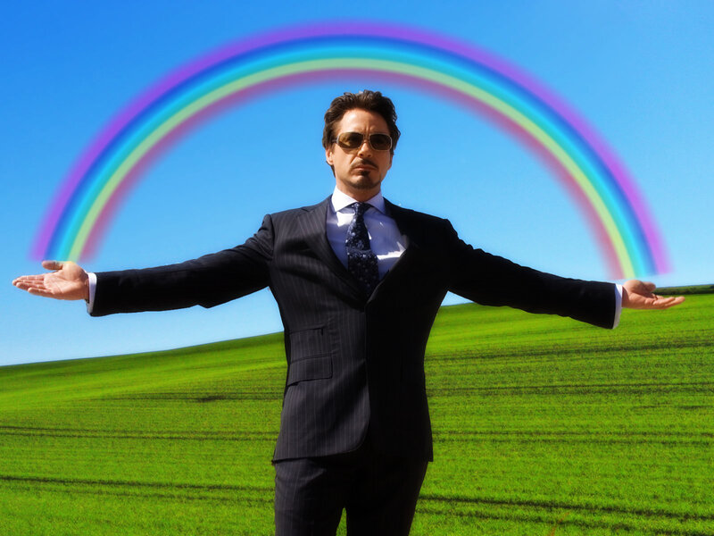 man in suit with rainbow