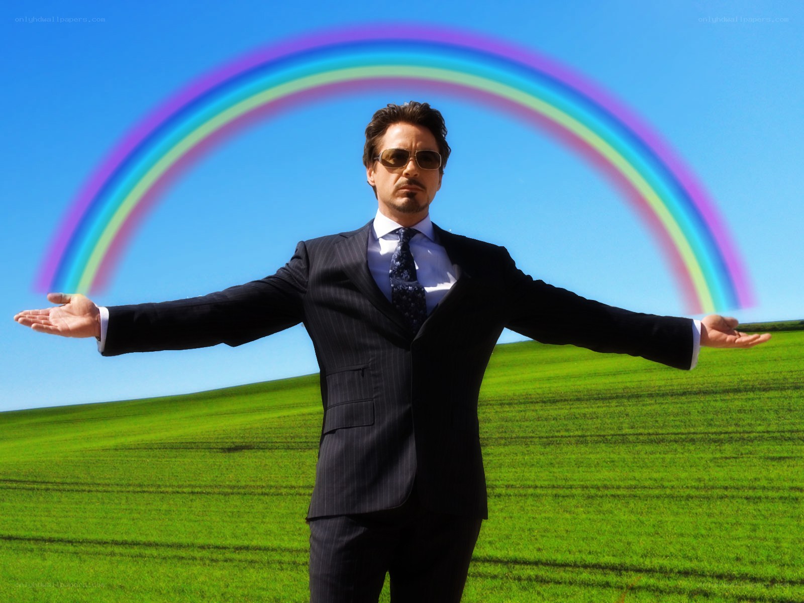 man in suit with rainbow