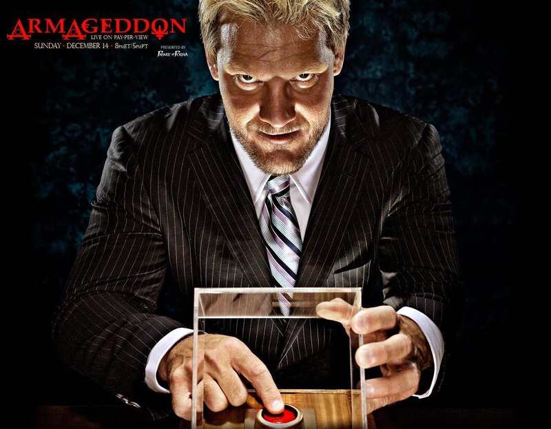 Man in suit with red button