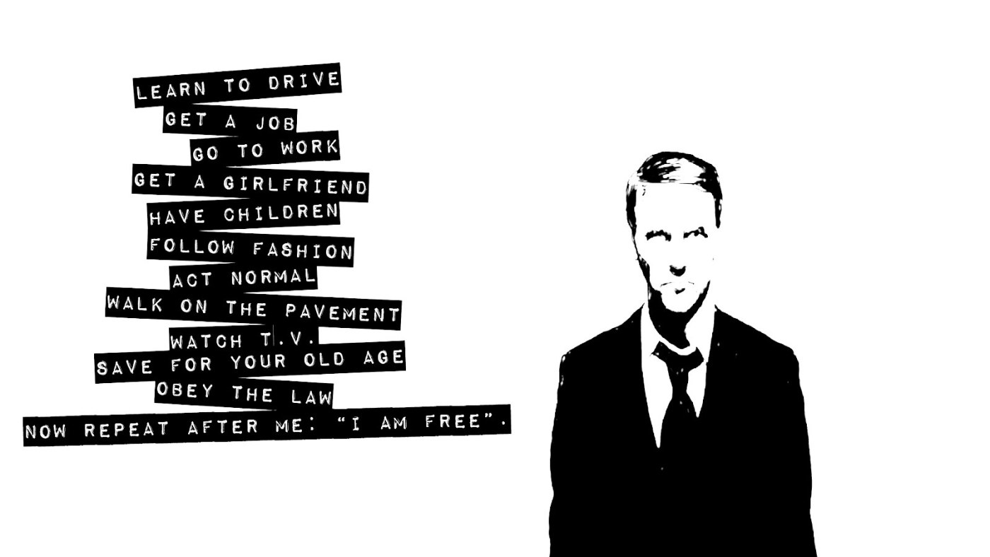 Man in suit with text list