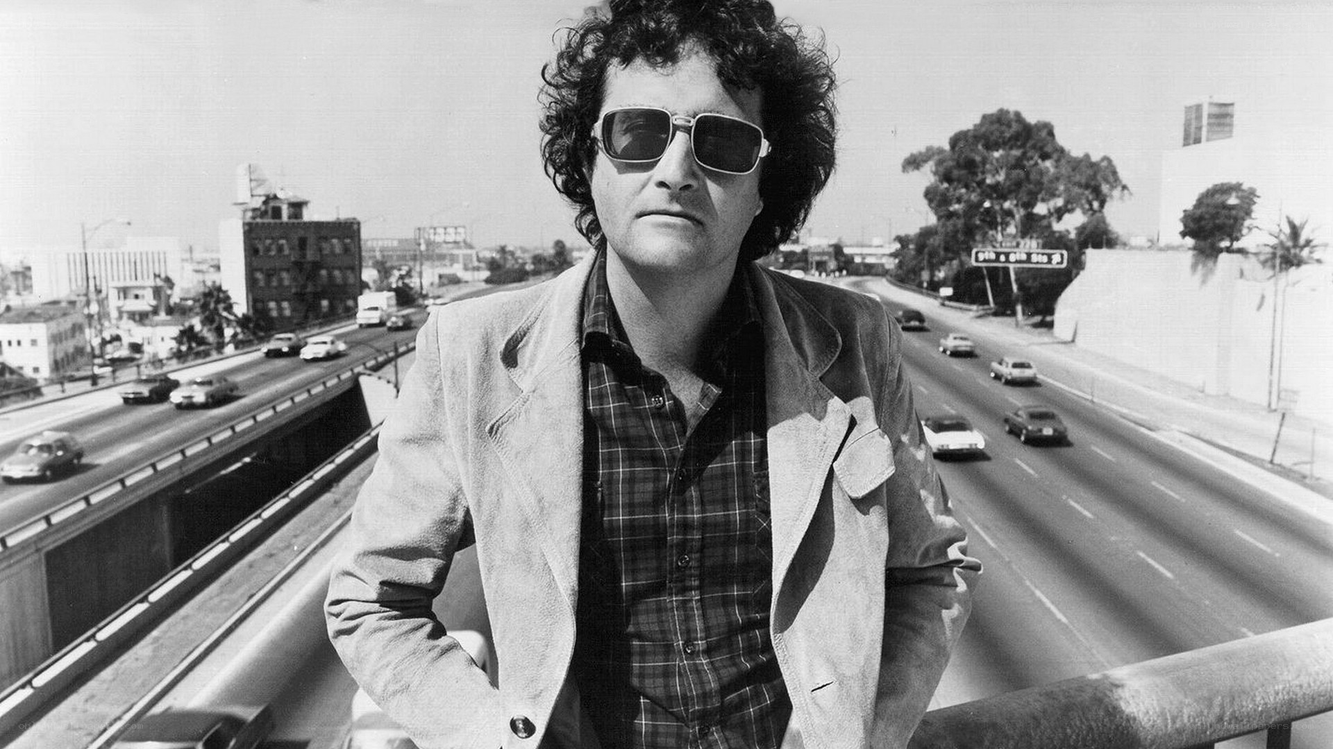 Man in sunglasses on highway overpass